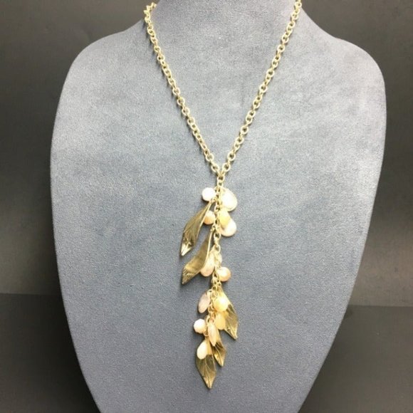 Jewelry - Long Y Drop Necklace Barbie Gold Pink Salmon Rose Leaves Dangles Retro Cottage